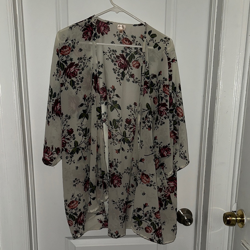 Dizzy Floral Sheer Kimono - Ivory with Burgundy & Green